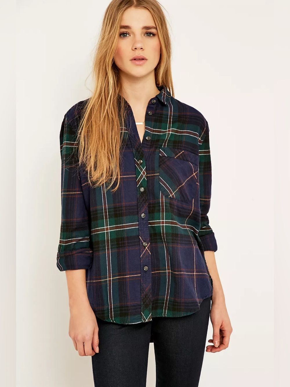 Urban Outfitters Plaid Button Down Shirt Navy Teal Maroon XS